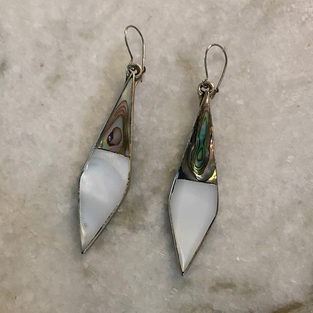 Vintage sterling abalone & mother of pearl dangle earrings artsy boho artisan - Picture 2 of 6